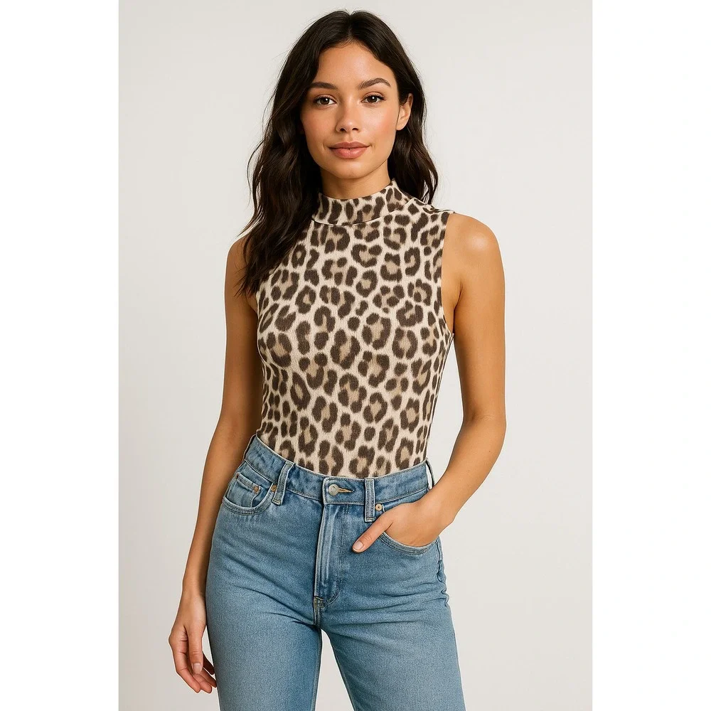 Willow Root Sleeveless Leopard Print Mock Neck Bodysuit Women's Size S - Picture 7 of 8